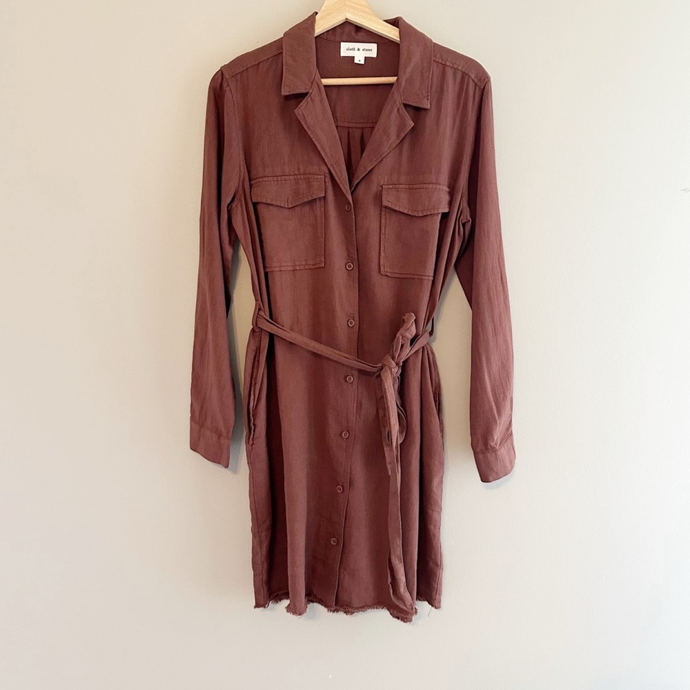 Cloth & Stone Maroon Rust Long Sleeve Linen Colored Dress - Picture 1 of 9